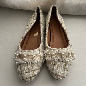 Saba Cream Tweed Pointed Toe Flats with Pearl Trim
